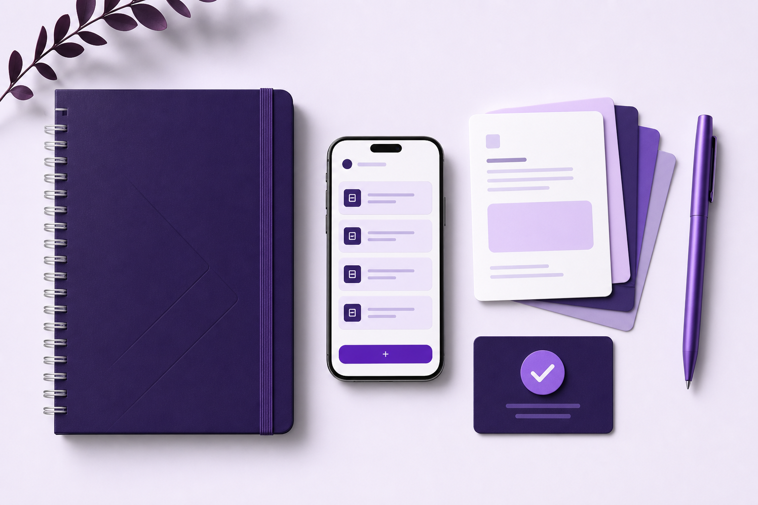 Professional workflow learning kit with notebook, mobile system, template cards and quality check