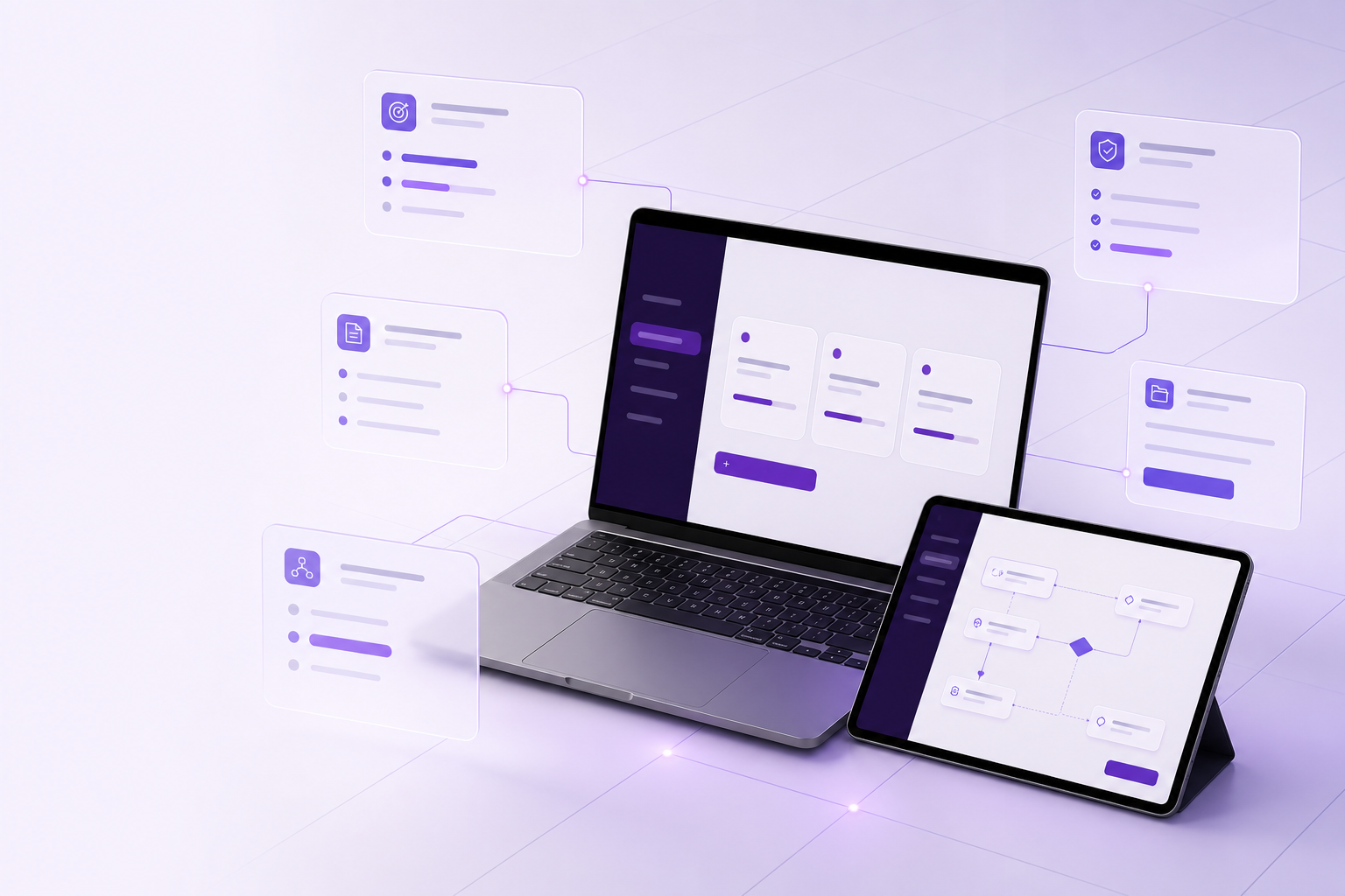 AI workflow system shown across a laptop, tablet and connected workflow panels